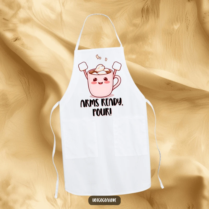 Funny apron depicting a happy hot cocoa mug character with marshmallow arms raised high, ready for culinary adventures with a smile.