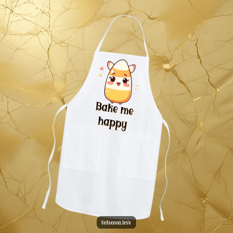 Funny blushing candy corn winking, printed on a humorous apron for Halloween baking and party fun.