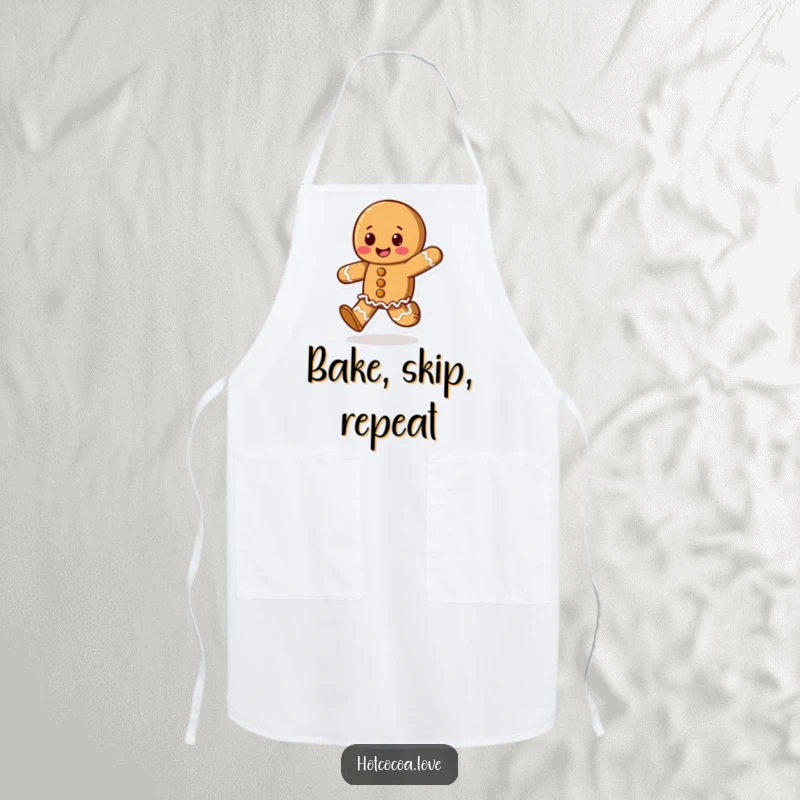 Funny apron with a happy gingerbread cookie character skipping, designed for kitchen fun and spreading holiday cheer.