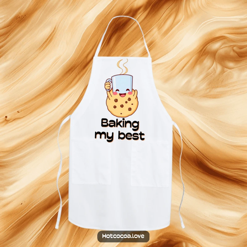 Funny apron featuring a smiling cookie character holding a steaming mug aloft, ideal for festive cooking.