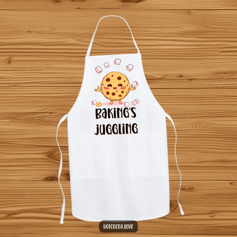 Funny baking apron with a beaming cookie character juggling marshmallows during a sweet creation.