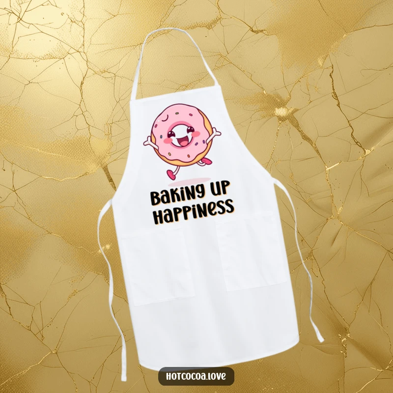 Funny smiling doughnut character jumping with glee, durable and humorous apron for kitchen fun.