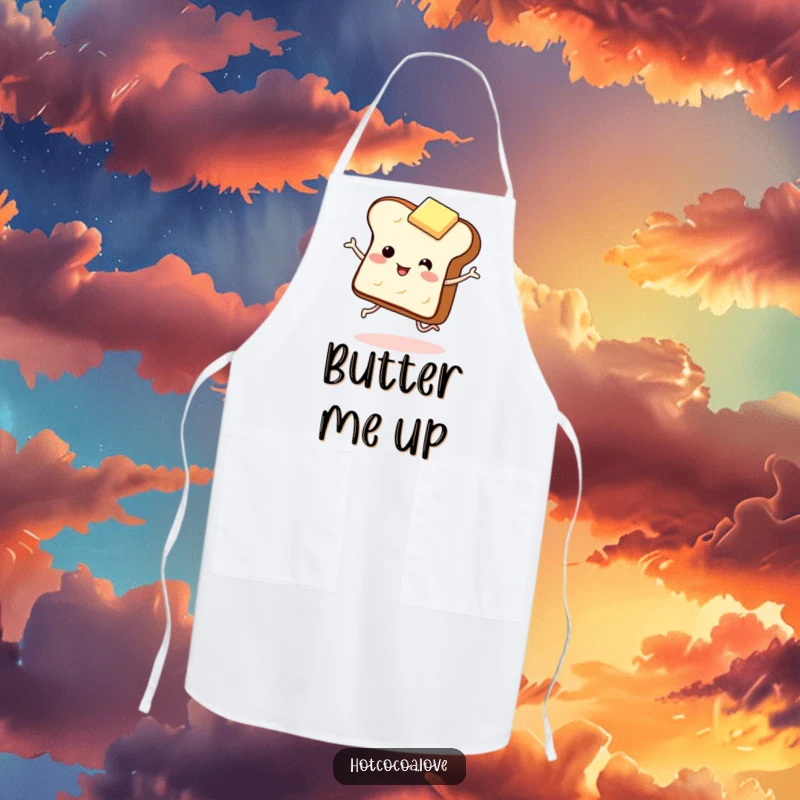 Funny apron showing a giggling piece of toast with legs dancing with a butter pat. Humorous breakfast kitchenwear.