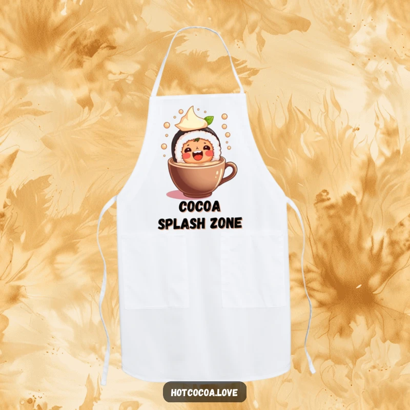 Funny apron showcasing a beaming sushi roll character joyfully splashing into hot cocoa, ideal for kitchen fun and protection.