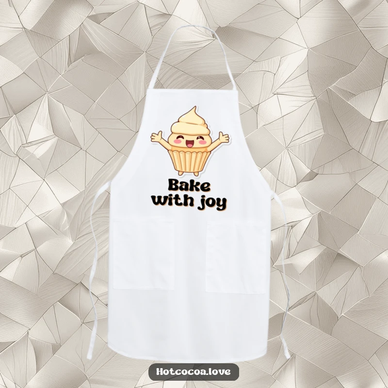 Funny apron depicting a happy cupcake character with arms spread wide, designed for baking fun and radiating sweet joy.