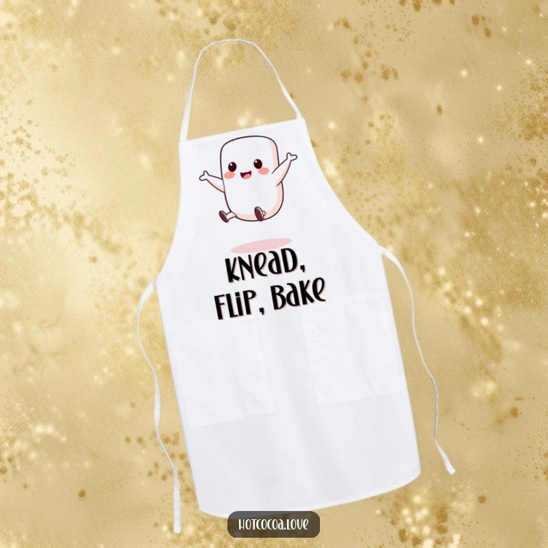 Funny apron depicting a cute marshmallow character performing a joyful cartwheel, designed for culinary fun with a playful flair.