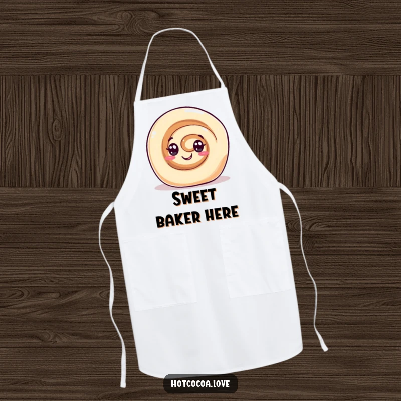 Funny apron showing a gleeful cinnamon roll character with swirl eyes rolling happily. Sweet and humorous kitchenwear.