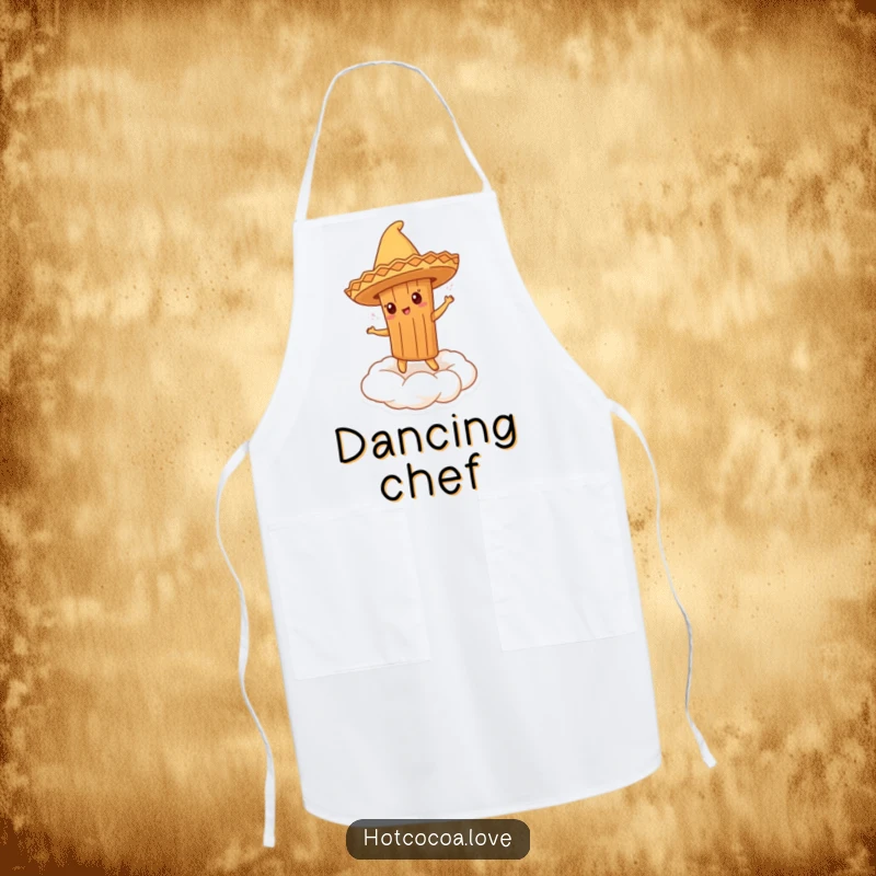 Funny apron showing a cinnamon stick wearing a sombrero, dancing on whipped cream, ideal for a cheerful cook.