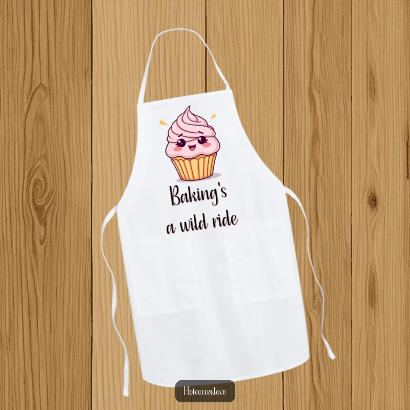 Funny bewildered cupcake with askew frosting, printed on a humorous apron for baking and party fun.