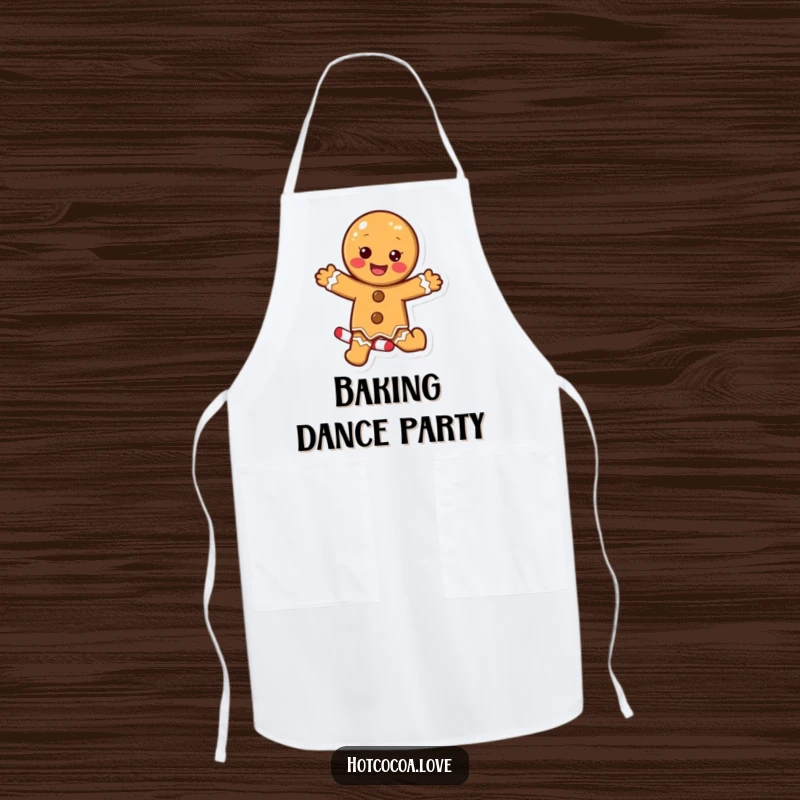 Funny apron showcasing a delighted gingerbread cookie character excitedly dancing on a candy cane, perfect for festive kitchen wear.