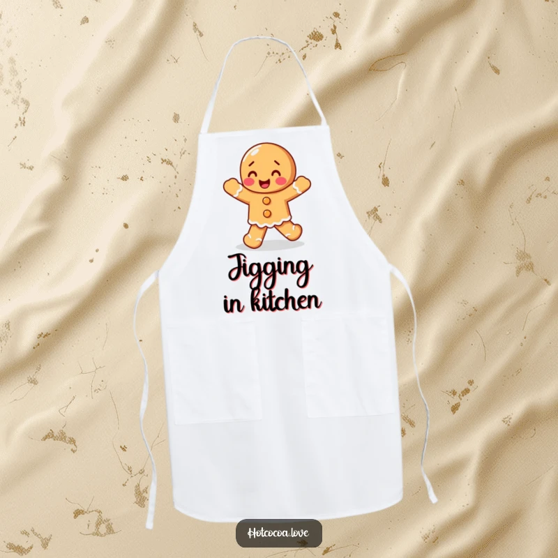 Funny delighted gingerbread person doing a happy jig, featured on a kitchen apron, adding festive humor to baking.