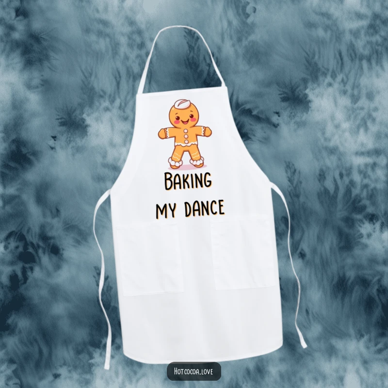 Funny cooking apron with a gingerbread man character dancing, with whipped cream legs, perfect for a cheerful kitchen.