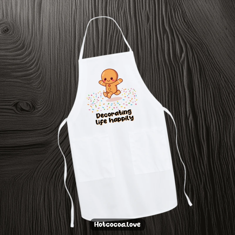 Funny apron depicting a happy gingerbread character skipping through a field of sprinkles, perfect for baking with festive cheer.
