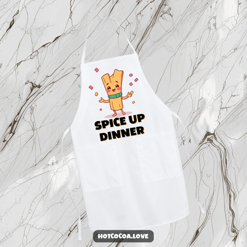Funny apron with a happy cinnamon stick character juggling candy, kitchen humor, perfect funny gift.