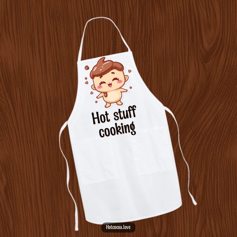 Funny apron featuring a playful anthropomorphic hot chocolate character winking, ideal for the kitchen with a sense of humor.