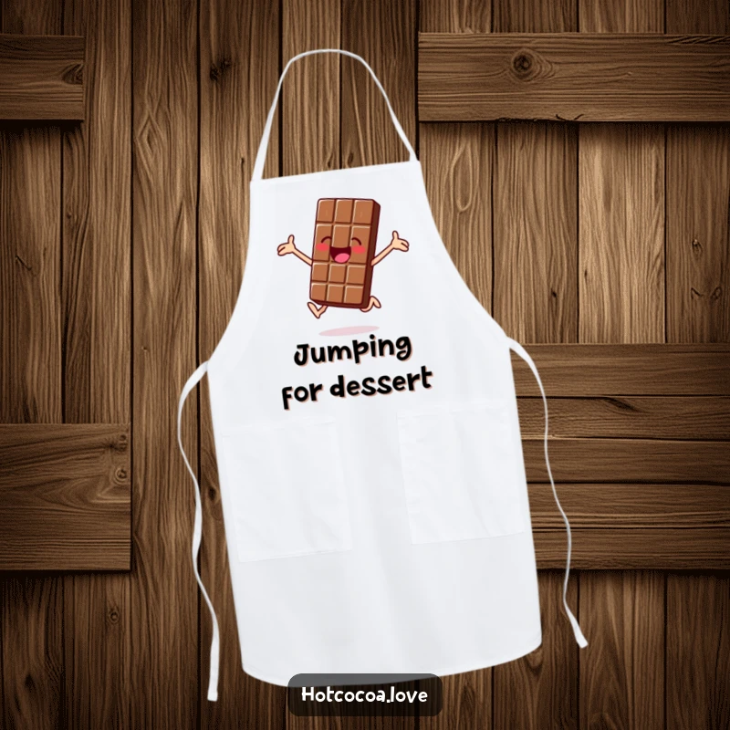 Funny apron with a jolly chocolate bar character jumping for joy, kitchen humor, perfect funny gift.