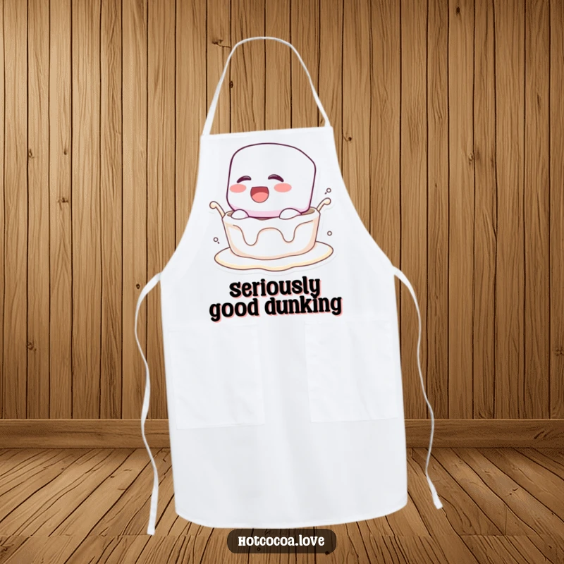 Funny apron depicting a gleeful marshmallow character being dunked into a creamy substance, perfect for cooking with joy.
