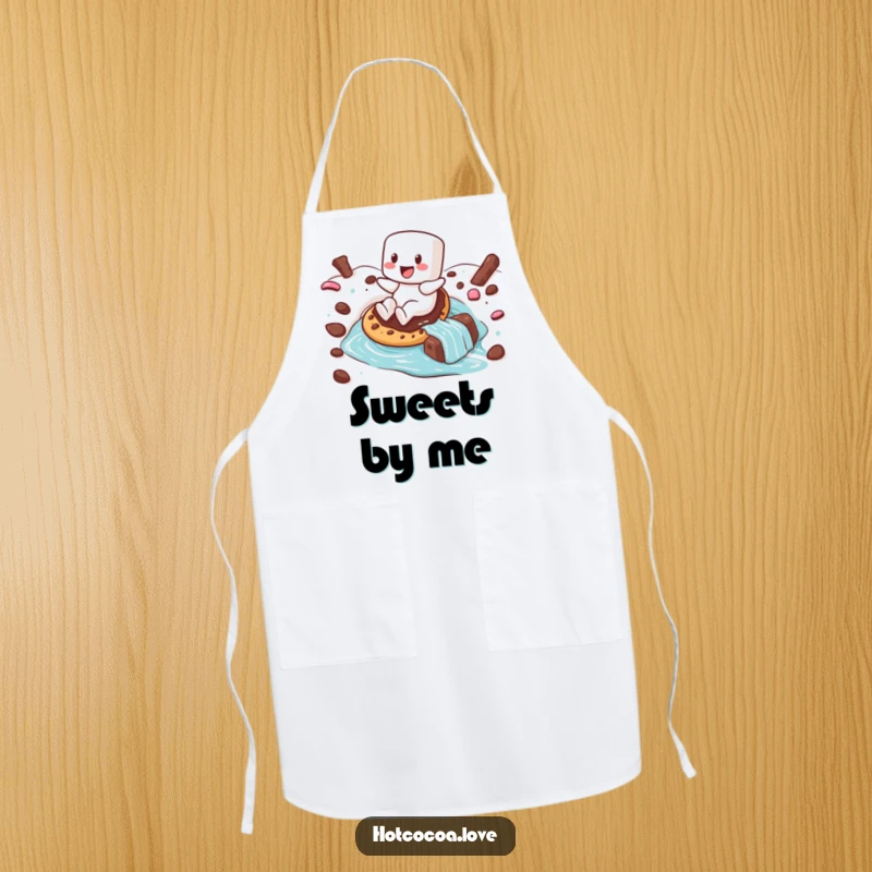 Funny apron with a happy marshmallow character sliding down a hot chocolate river on a cookie, ideal for sweet kitchen tasks.
