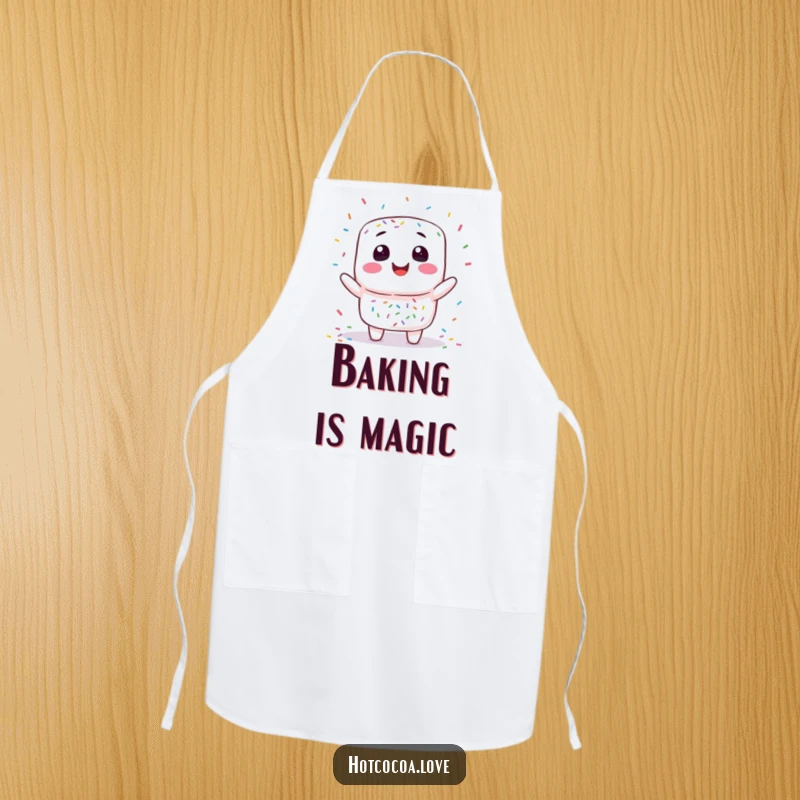 Funny marshmallow juggling apron showing a smiling marshmallow character playfully tossing colorful sprinkles, perfect for kitchen fun.