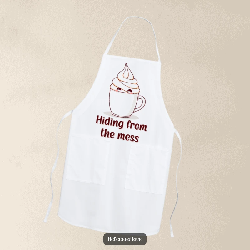 Funny apron with a mischievous whipped cream character hiding, kitchen humor, perfect funny gift.