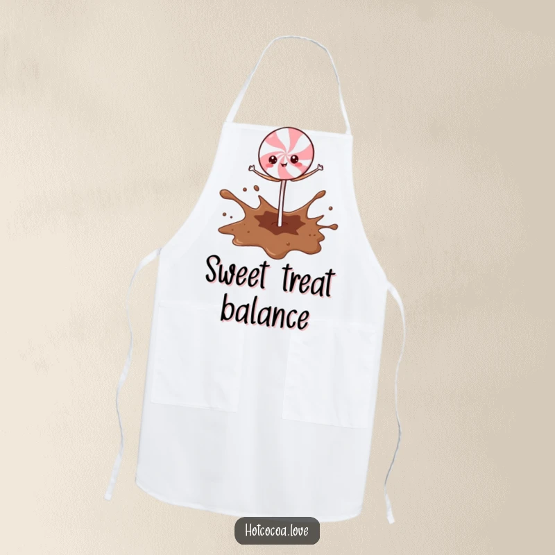 Funny Peppermint Stick character in a funny balancing act on a cocoa splash, durable and humorous kitchen apron.