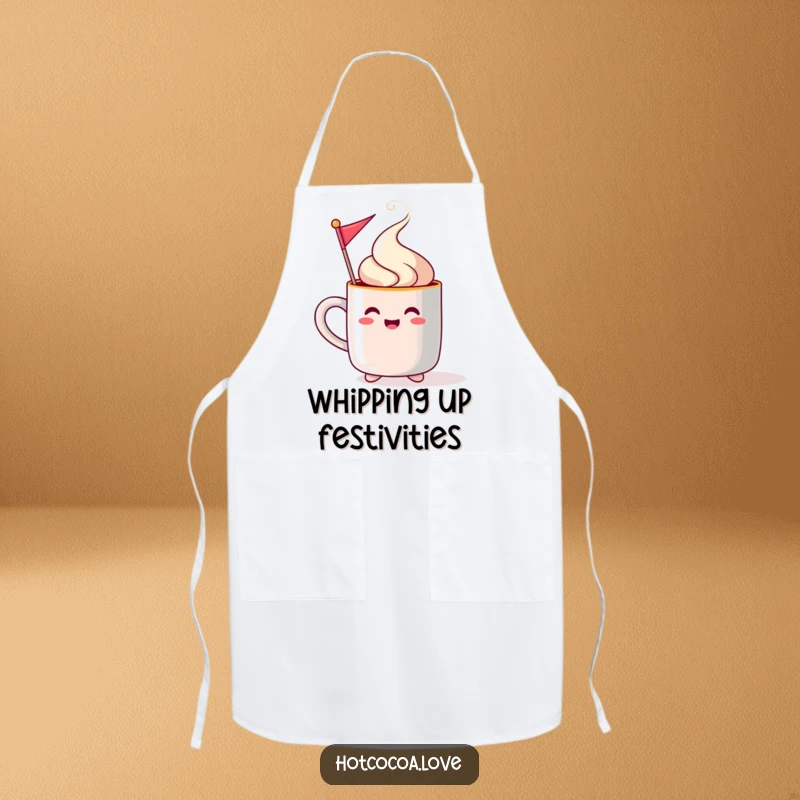 Funny steaming mug character waving a festive flag on an apron, perfect for humorous holiday baking.