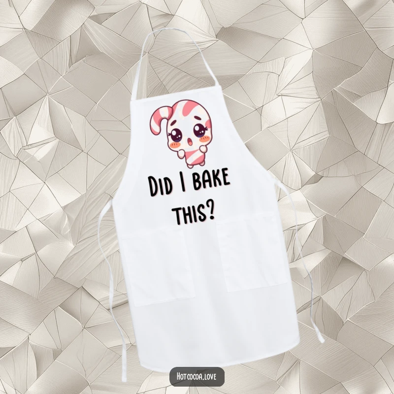 Funny apron featuring a surprised candy cane character doing a comical double take, kitchen humor, perfect funny gift.