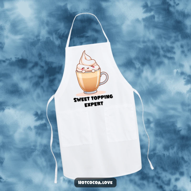 Funny apron depicting a happy whipped cream character floating on a hot beverage, perfect for cooking with cozy cheer.