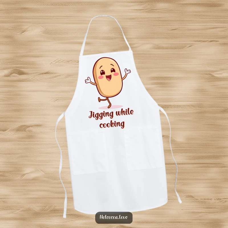 Funny apron with a gleeful coffee bean character doing a happy jig, kitchen humor, perfect funny gift.
