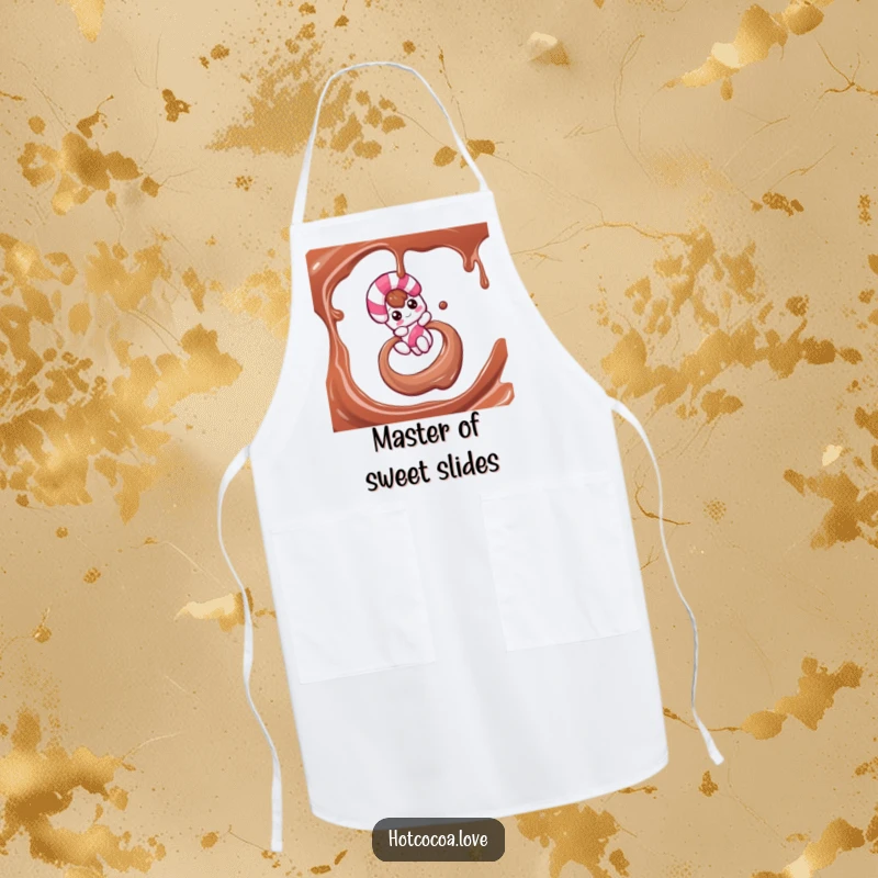 Funny apron depicting a candy cane character sliding down a chocolate syrup swirl, perfect for festive holiday cooking.