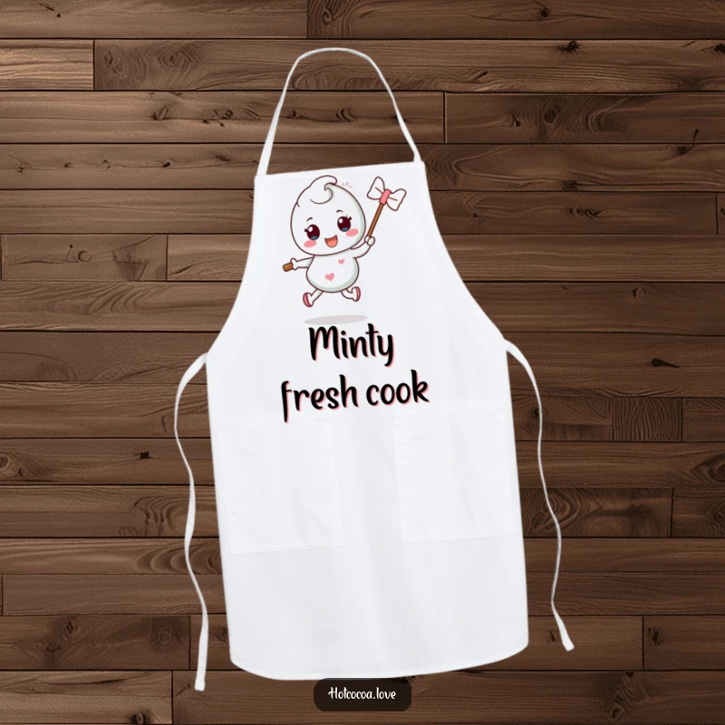Funny mint candy character with a stick doing a silly hop, featured on a kitchen apron, adding refreshing humor to cooking.