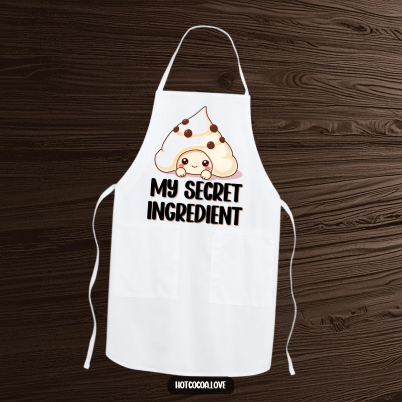 Funny chocolate chip cookie character peeking from cream on an apron, adding humorous charm to cooking.