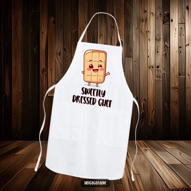 Funny chocolate bar character delightedly wiggling its wrapper, featured on a kitchen apron, adding sweetness and humor to cooking.