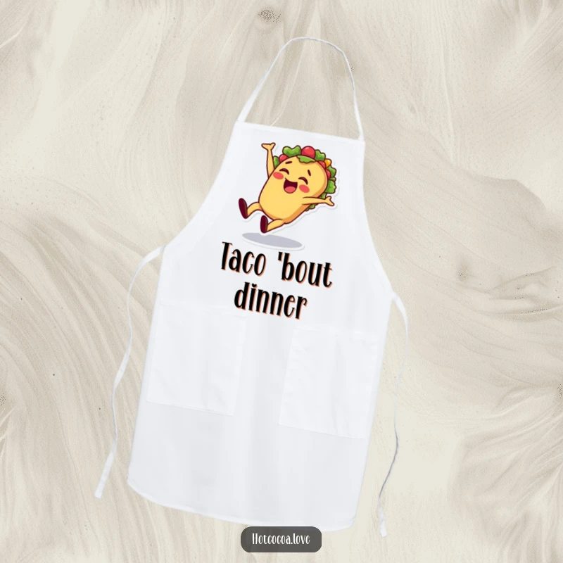 Funny taco cartwheel apron showing a cheerful taco character doing a cartwheel, perfect for adding fun to kitchen tasks.