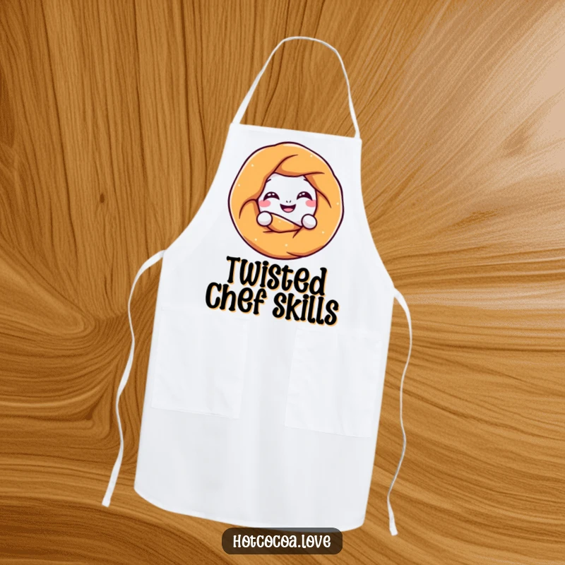 Funny pretzel character grinning and playfully twisting into a knot, featured on a kitchen apron, adding snacks and humor to cooking.