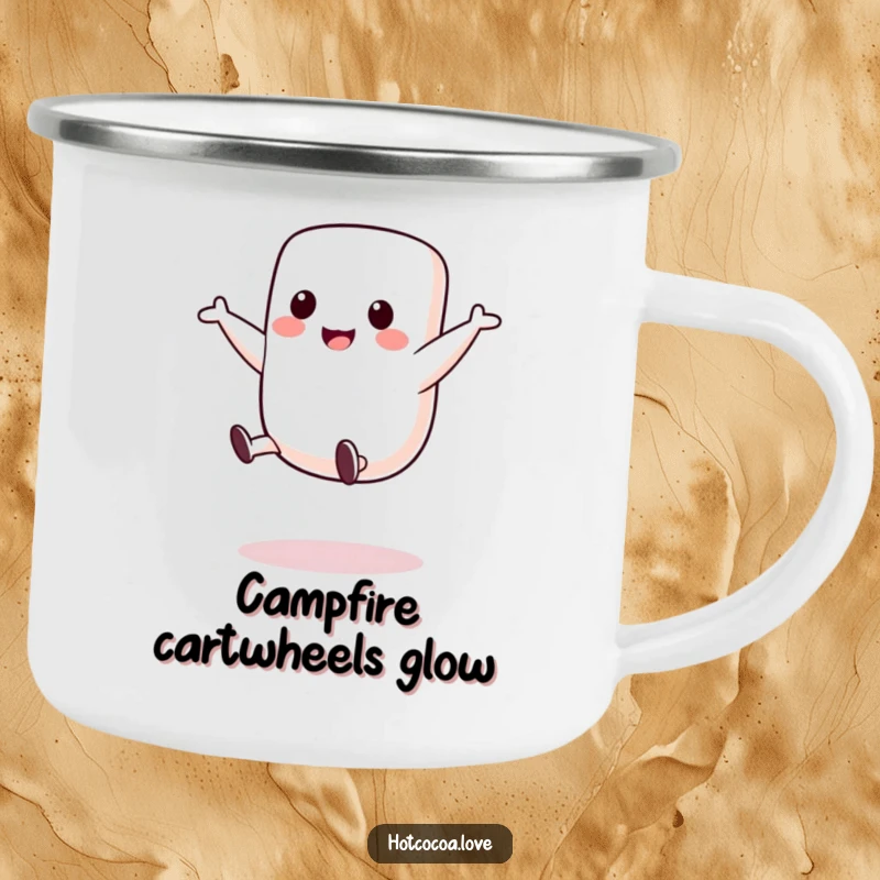 Funny camping mug with a cute marshmallow character doing a cartwheel, ready for outdoor fun and adventures.