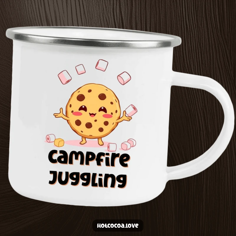 Funny camping mug showing a beaming cookie character juggling marshmallows during an outdoor excursion.