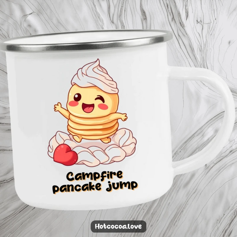 Funny camping mug featuring a giggling stack of pancakes character joyfully leaping through whipped cream, perfect for outdoor breakfast enjoyment.