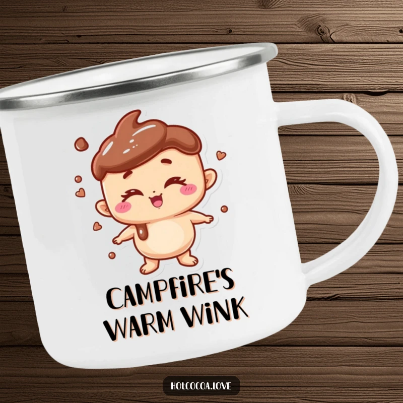 Funny camping mug with a playful anthropomorphic hot chocolate character winking, perfect for outdoor enjoyment.