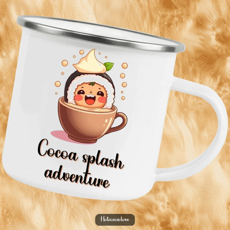 Funny camping mug featuring a beaming sushi roll character joyfully splashing in hot cocoa, perfect for outdoor enjoyment and humor.