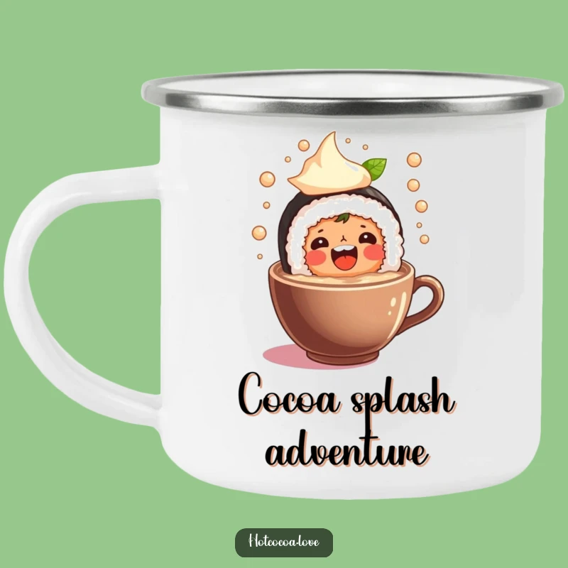 Funny Sushi Roll Cocoa Splash Camping Mug: Adventure and Laughter Outdoors