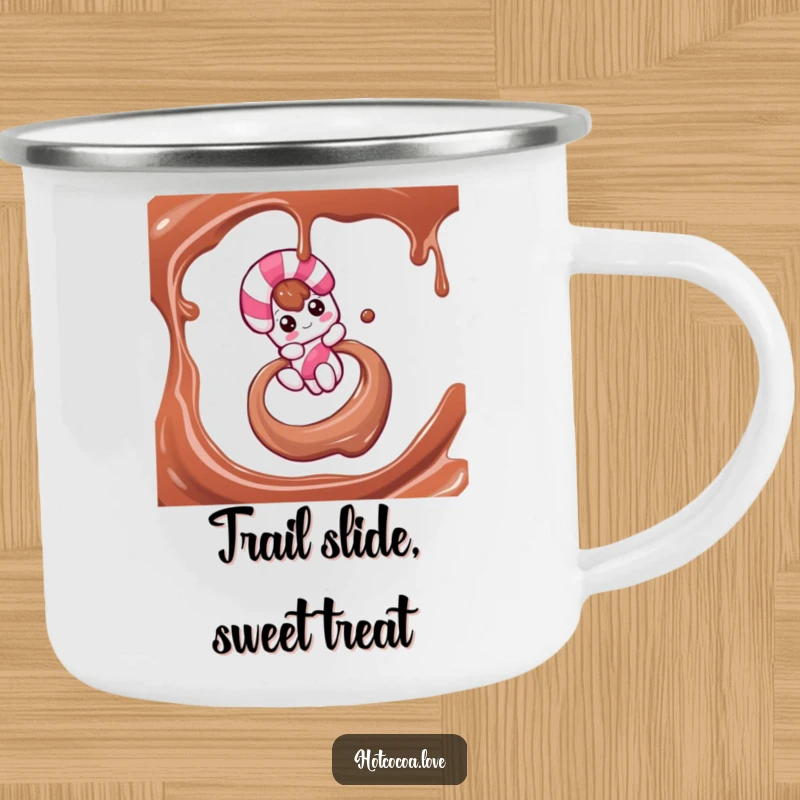 Funny camping mug with a candy cane character sliding down a chocolate syrup swirl, perfect for festive outdoor sips.