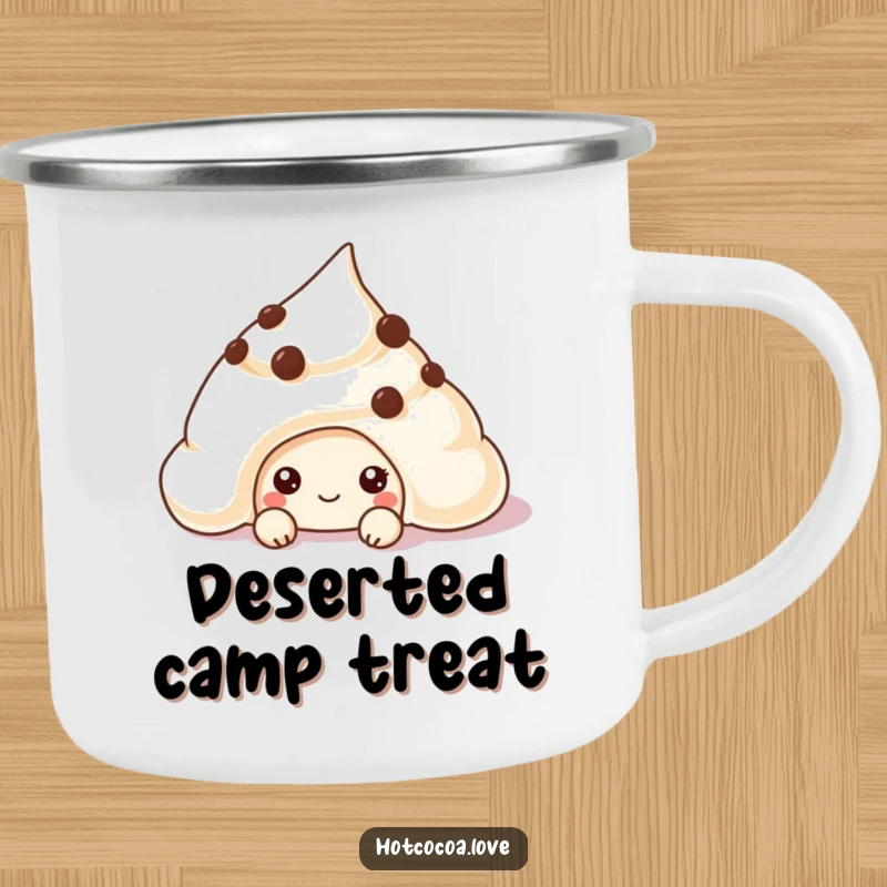Funny chocolate chip cookie character peeking from cream on an enamel camping mug, perfect for outdoor fun.