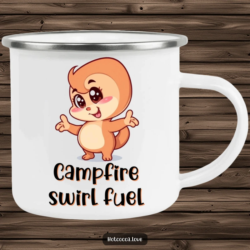 Funny anthropomorphic cinnamon swirl character in a ridiculous goofy pose, rugged and humorous enamel camping mug.