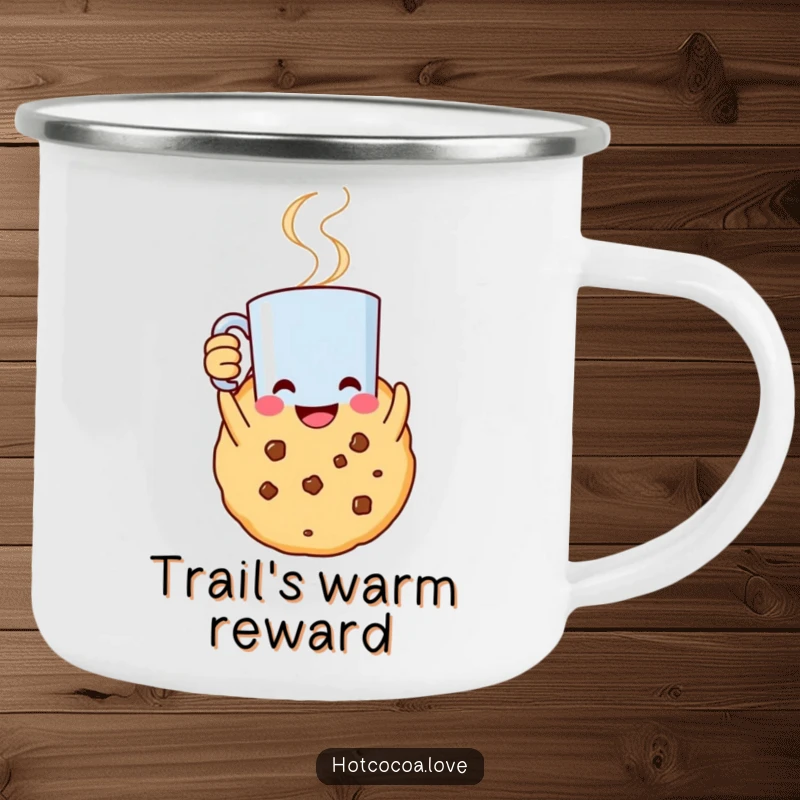 Funny camping mug with a smiling cookie character holding a steaming mug aloft, perfect for outdoor celebrations.