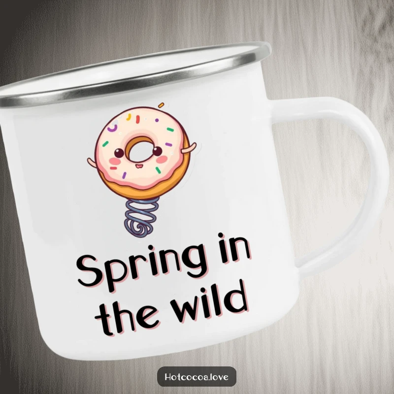 Funny donut character with sprinkles bouncing on a spring, printed on a sturdy camping mug, ideal for outdoor humor.