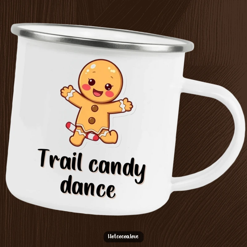 Funny camping mug featuring a delighted gingerbread cookie character excitedly dancing on a candy cane, perfect for outdoor holiday enjoyment.