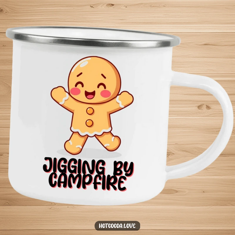 Funny delighted gingerbread person doing a happy jig, printed on a sturdy camping mug, ideal for outdoor festive humor.