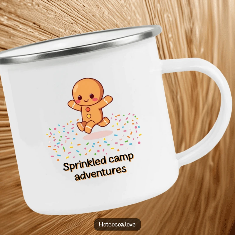 Funny camping mug with a happy gingerbread character skipping through a field of sprinkles, perfect for festive outdoor sips.