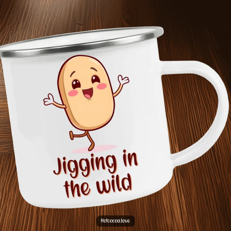 Funny camping mug with a gleeful coffee bean character doing a happy jig, rugged and energetic, great funny gift.